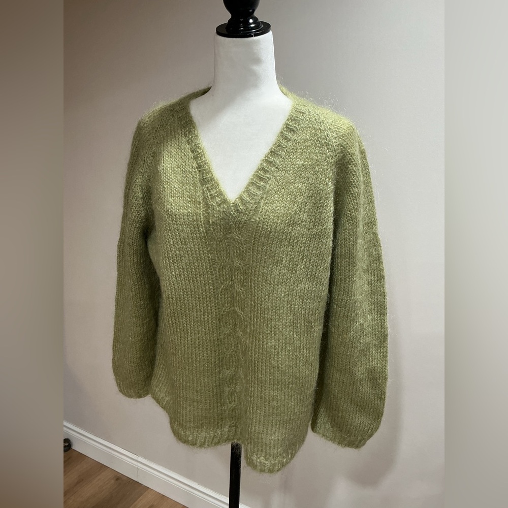 Hand knit green sweather by Woof designs size medium